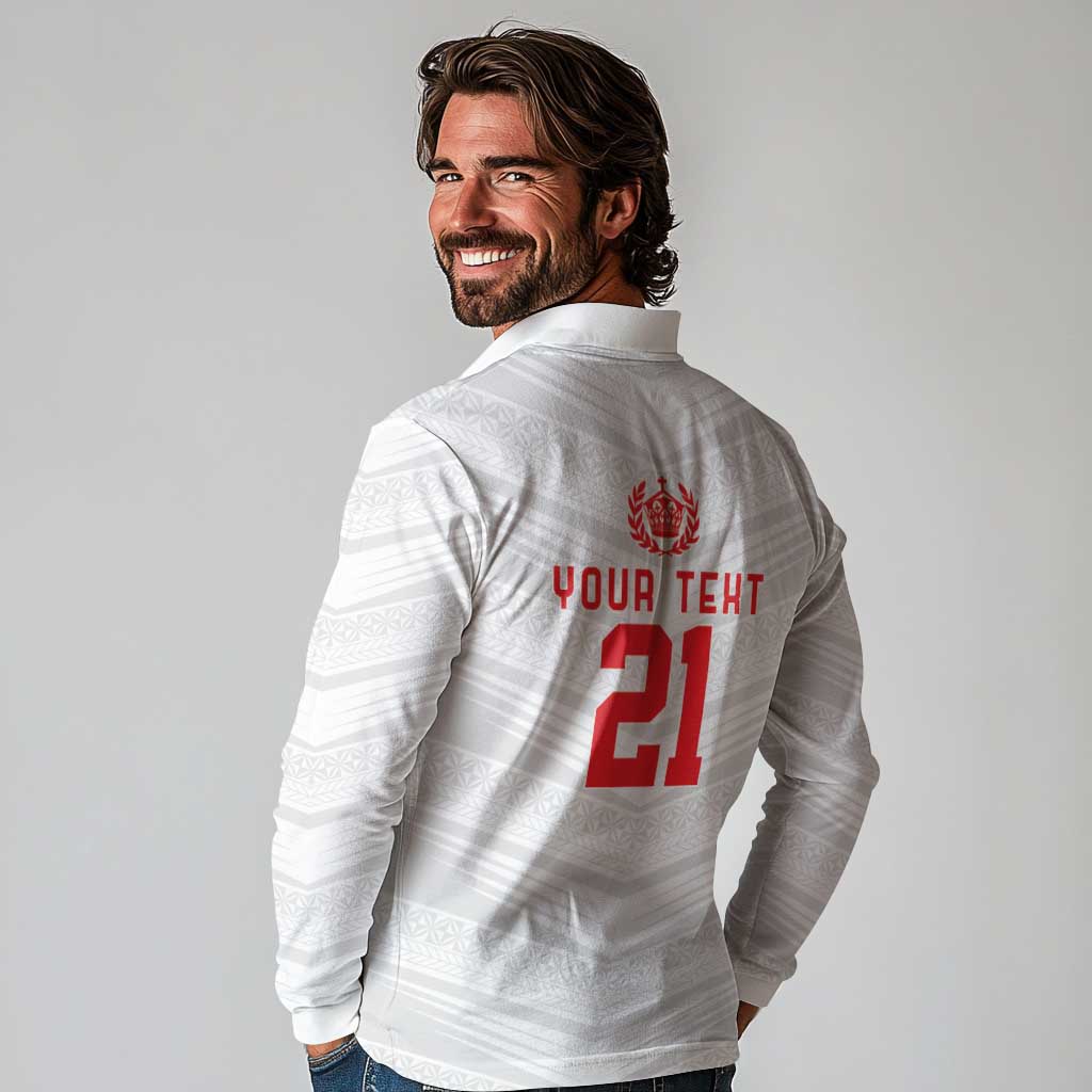 Custom Pacific Rugby Spirit Long Sleeve Polo Shirt Tonga Ngatu Pride White Edition LT9 - Polynesian Pride
