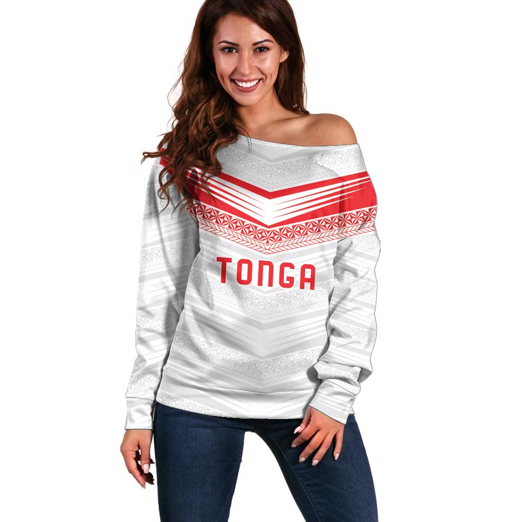 Custom Pacific Rugby Spirit Off Shoulder Sweater Tonga Ngatu Pride White Edition LT9 Women White - Polynesian Pride