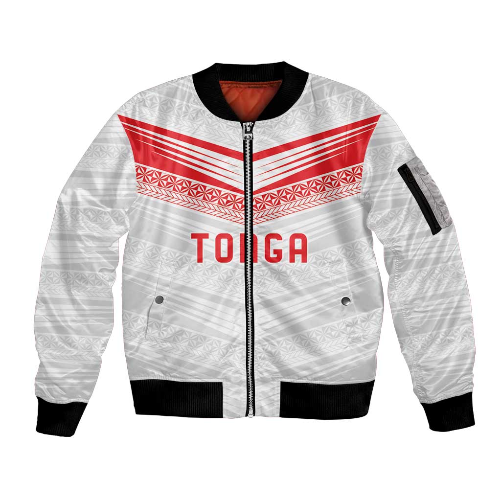 Custom Pacific Rugby Spirit Sleeve Zip Bomber Jacket Tonga Ngatu Pride White Edition LT9 Unisex White - Polynesian Pride