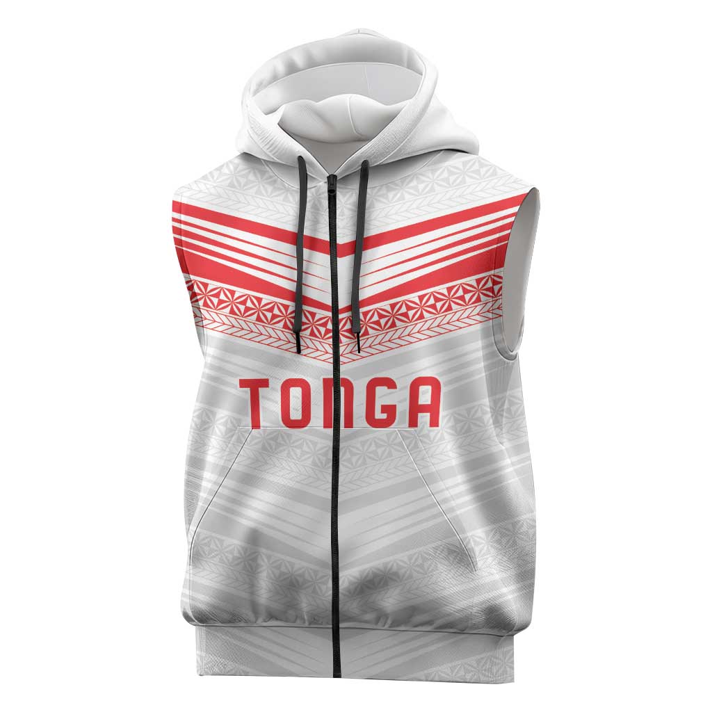 Custom Pacific Rugby Spirit Sleeveless Zip Hoodie Tonga Ngatu Pride White Edition LT9 White - Polynesian Pride