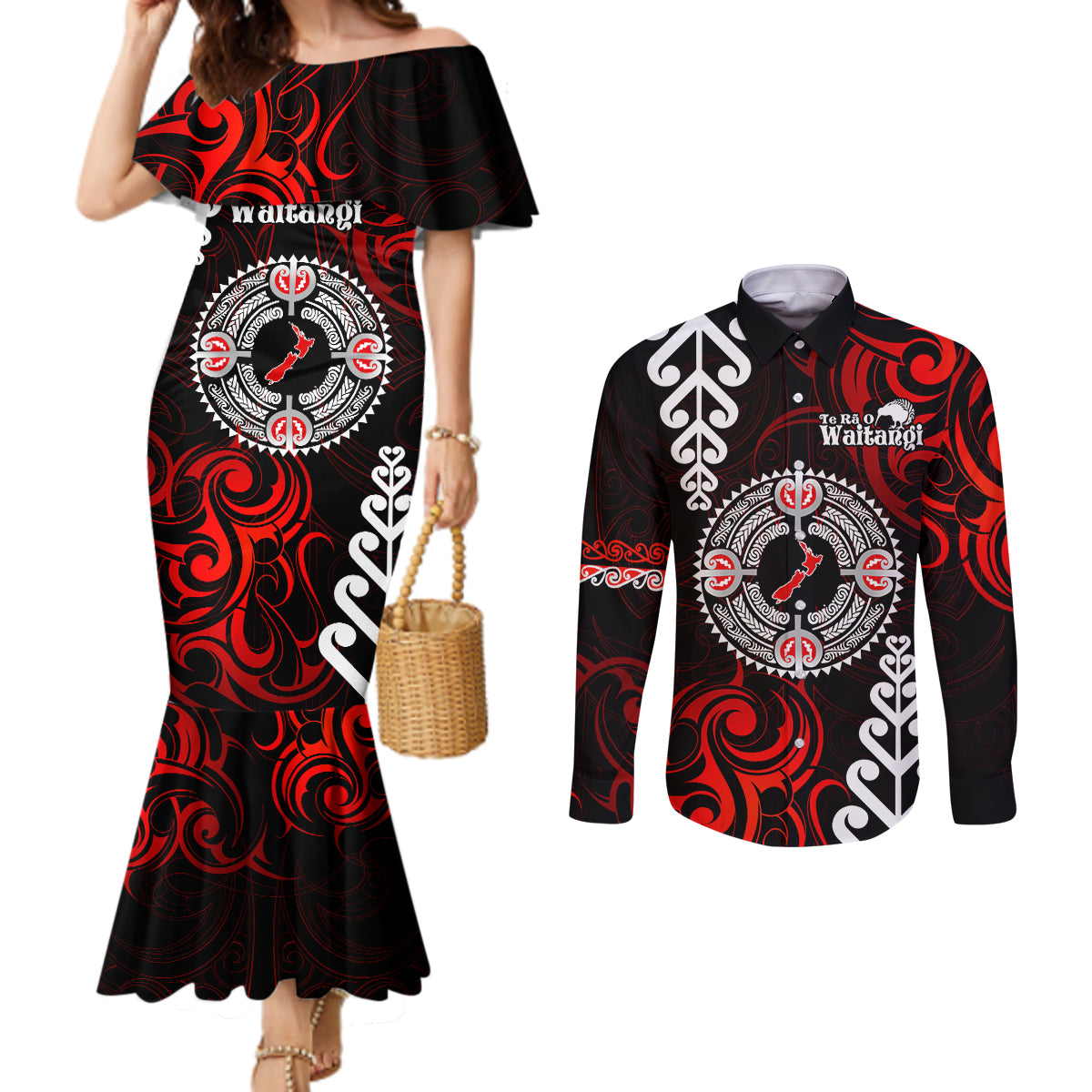 New Zealand Waitangi Day Personalised Couples Matching Mermaid Dress and Long Sleeve Button Shirt Aotearoa Te Ra O Waitangi With Maori Tattoo LT9 Red - Polynesian Pride