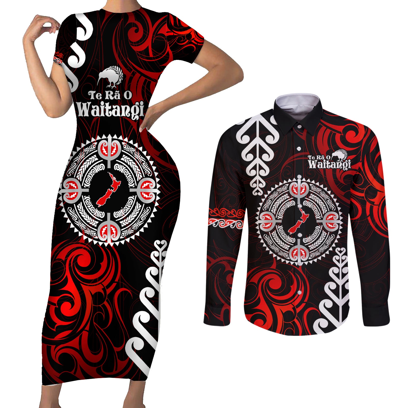 New Zealand Waitangi Day Personalised Couples Matching Short Sleeve Bodycon Dress and Long Sleeve Button Shirt Aotearoa Te Ra O Waitangi With Maori Tattoo LT9 Red - Polynesian Pride