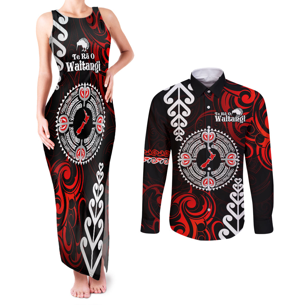 New Zealand Waitangi Day Personalised Couples Matching Tank Maxi Dress and Long Sleeve Button Shirt Aotearoa Te Ra O Waitangi With Maori Tattoo LT9 Red - Polynesian Pride