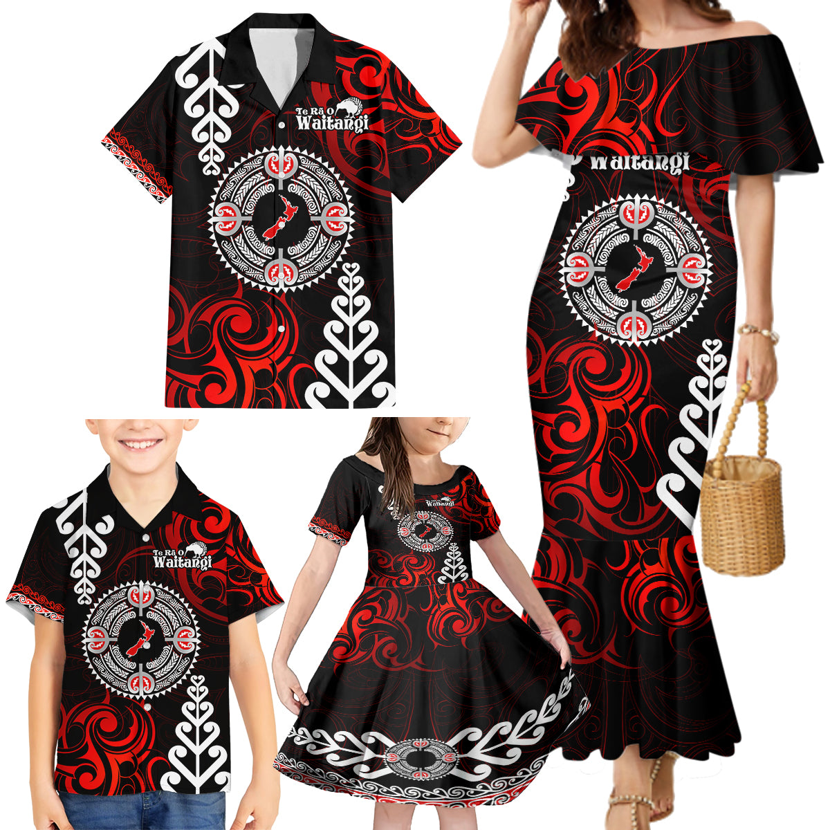 New Zealand Waitangi Day Personalised Family Matching Mermaid Dress and Hawaiian Shirt Aotearoa Te Ra O Waitangi With Maori Tattoo LT9 - Polynesian Pride