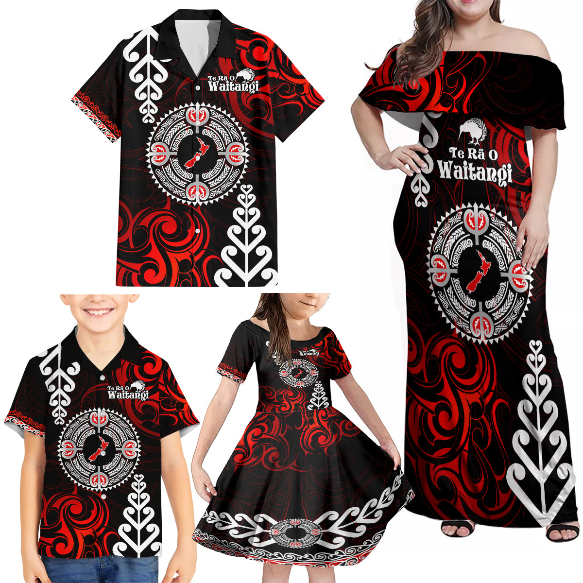 New Zealand Waitangi Day Personalised Family Matching Off Shoulder Maxi Dress and Hawaiian Shirt Aotearoa Te Ra O Waitangi With Maori Tattoo LT9 - Polynesian Pride