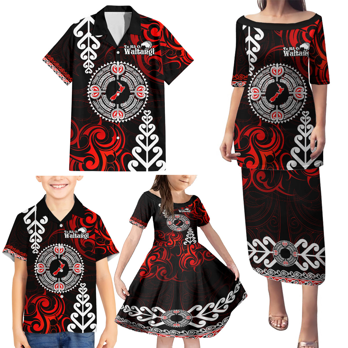 New Zealand Waitangi Day Personalised Family Matching Puletasi and Hawaiian Shirt Aotearoa Te Ra O Waitangi With Maori Tattoo LT9 - Polynesian Pride