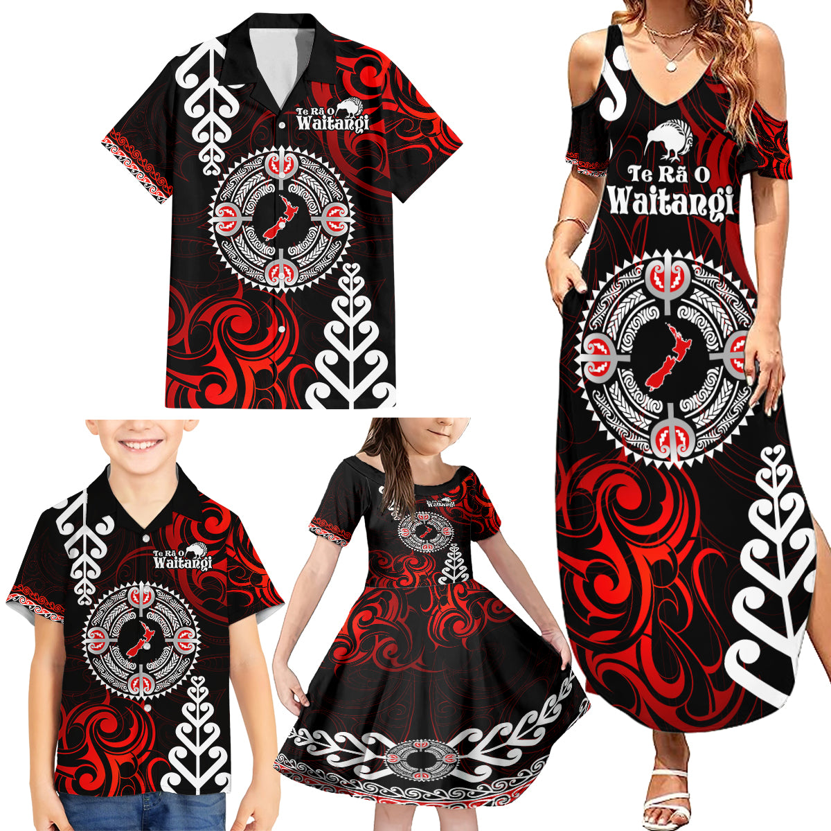 New Zealand Waitangi Day Personalised Family Matching Summer Maxi Dress and Hawaiian Shirt Aotearoa Te Ra O Waitangi With Maori Tattoo LT9 - Polynesian Pride