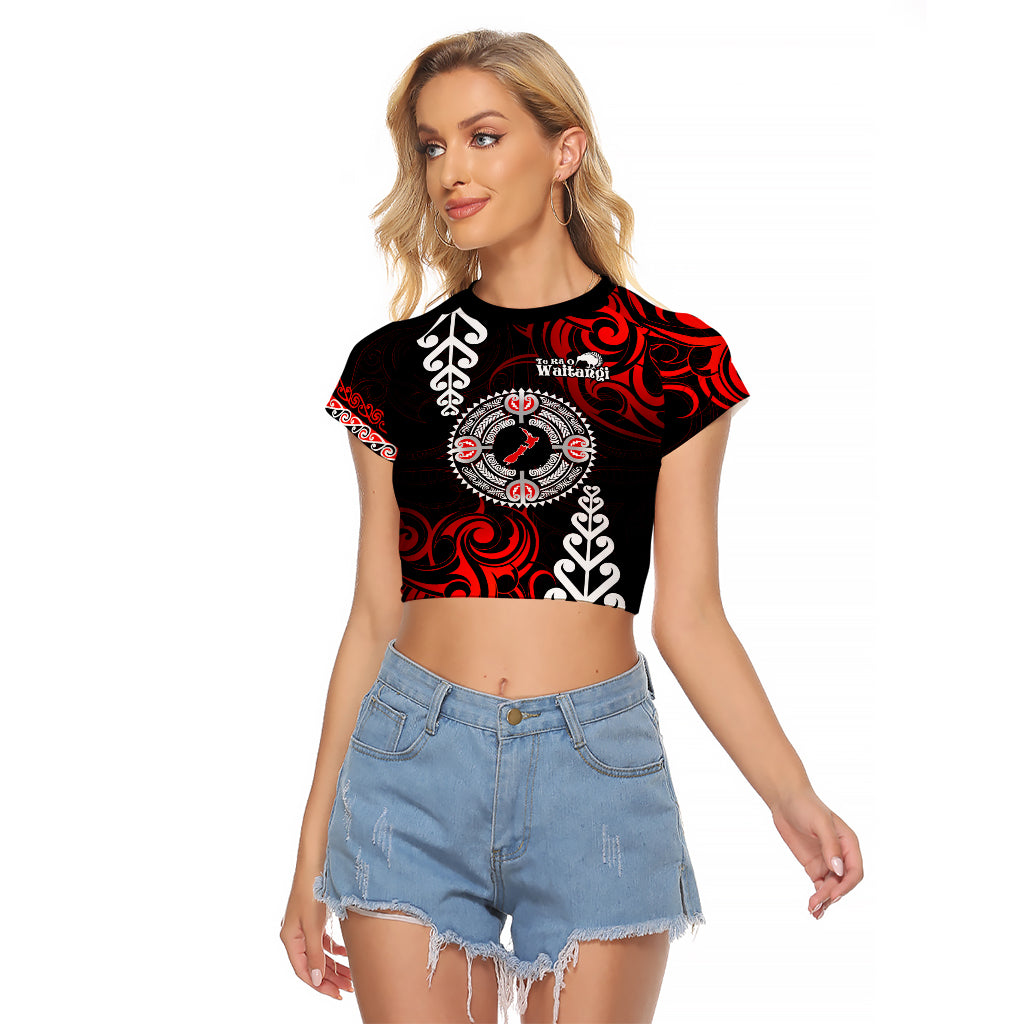 New Zealand Waitangi Day Personalised Raglan Cropped T Shirt Aotearoa Te Ra O Waitangi With Maori Tattoo LT9 Female Red - Polynesian Pride