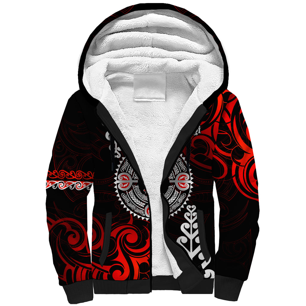 New Zealand Waitangi Day Personalised Sherpa Hoodie Aotearoa Te Ra O Waitangi With Maori Tattoo LT9 Unisex Red - Polynesian Pride