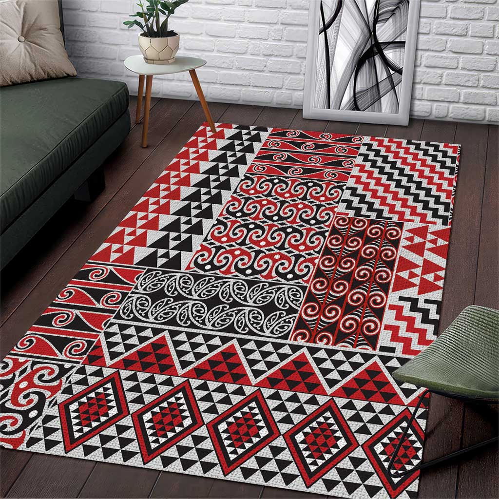 Aotearoa Kowhaiwhai Taniko Patchwork Motifs Area Rug LT9 Red - Polynesian Pride