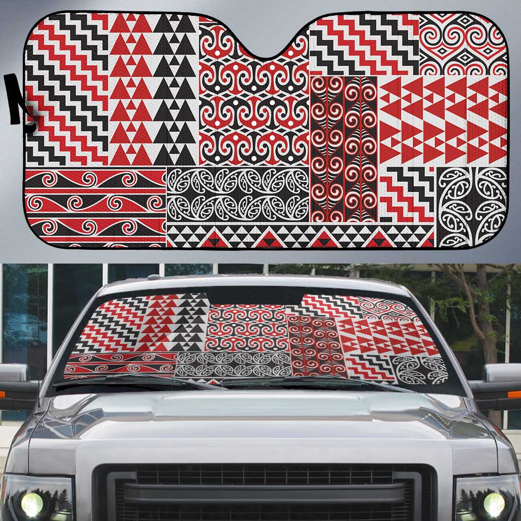 Aotearoa Kowhaiwhai Taniko Patchwork Motifs Auto Sun Shade LT9 Red - Polynesian Pride