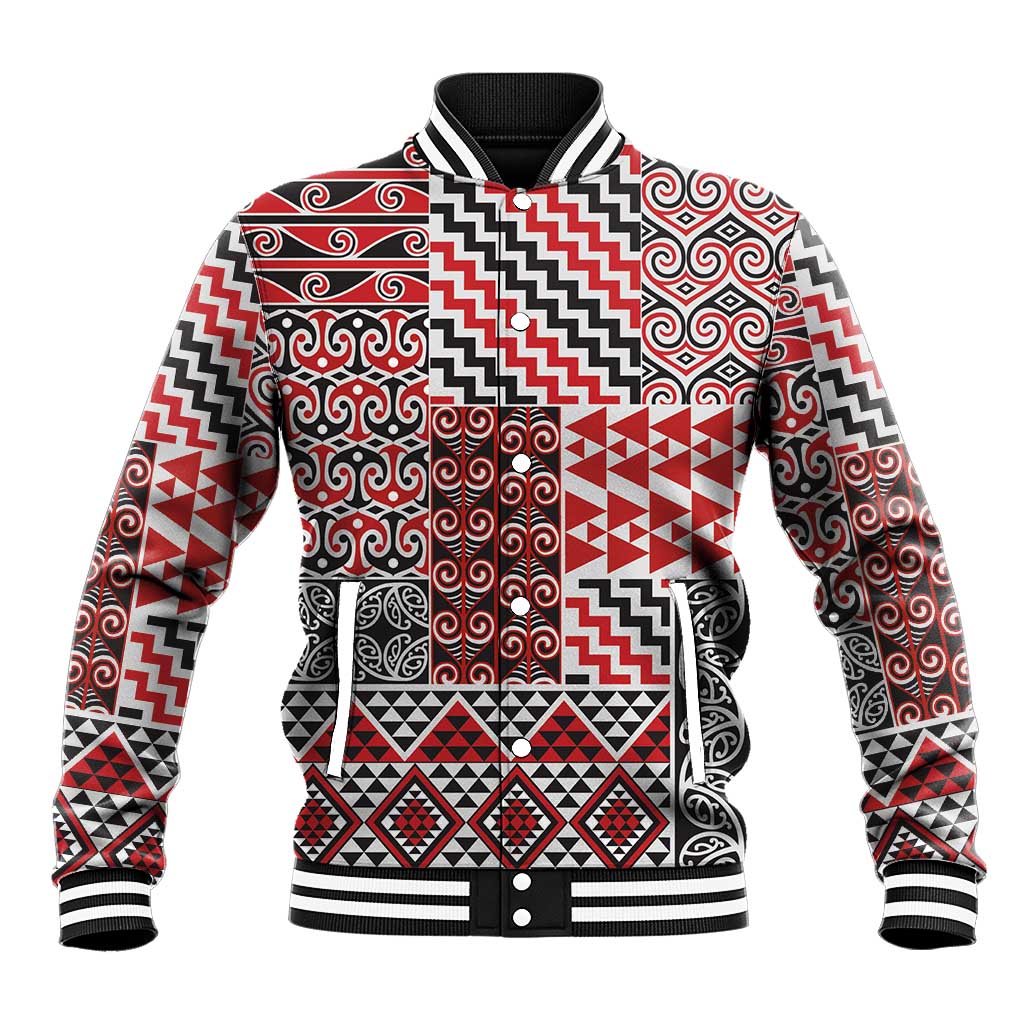 Aotearoa Kowhaiwhai Taniko Patchwork Motifs Baseball Jacket LT9 Unisex Red - Polynesian Pride