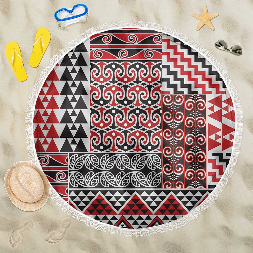 Aotearoa Kowhaiwhai Taniko Patchwork Motifs Beach Blanket LT9 One Size 150cm Red - Polynesian Pride