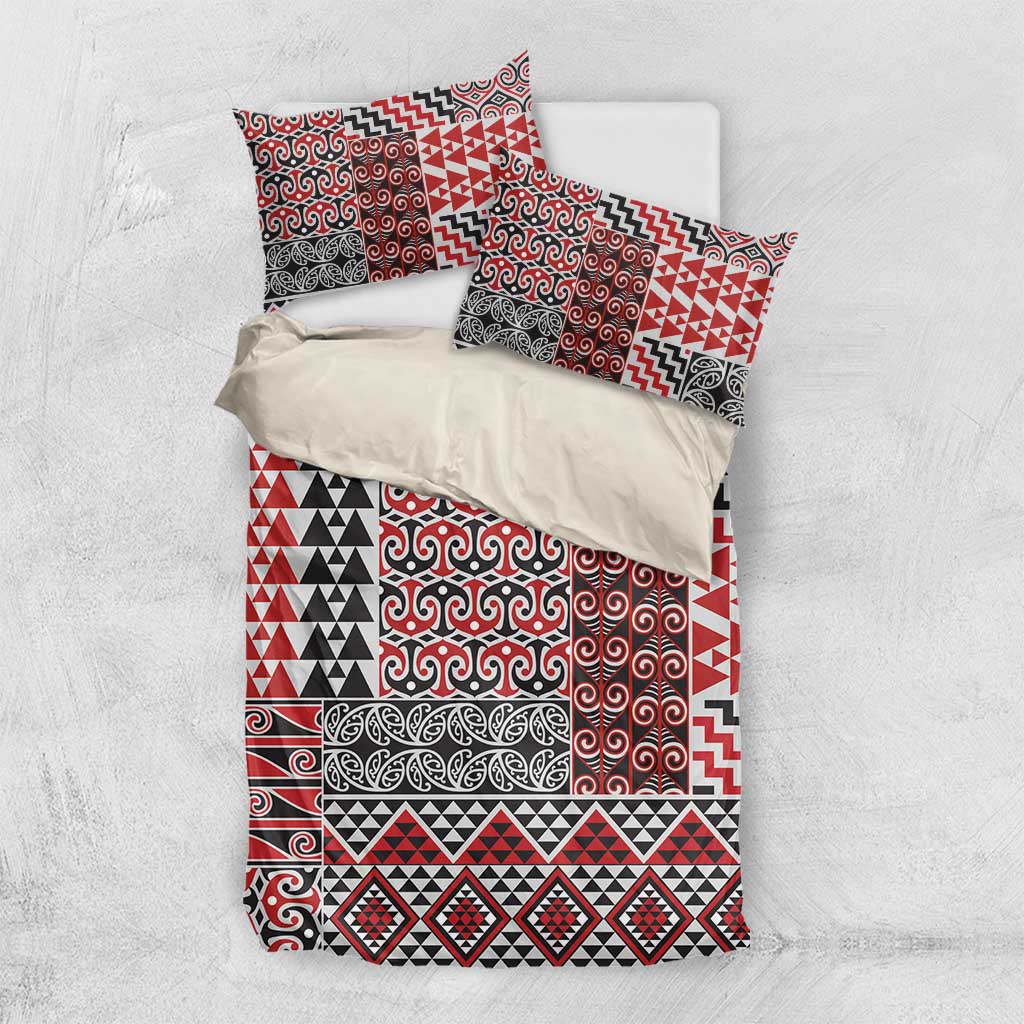 Aotearoa Kowhaiwhai Taniko Patchwork Motifs Bedding Set LT9 US Twin 172cm x 218cm Red - Polynesian Pride