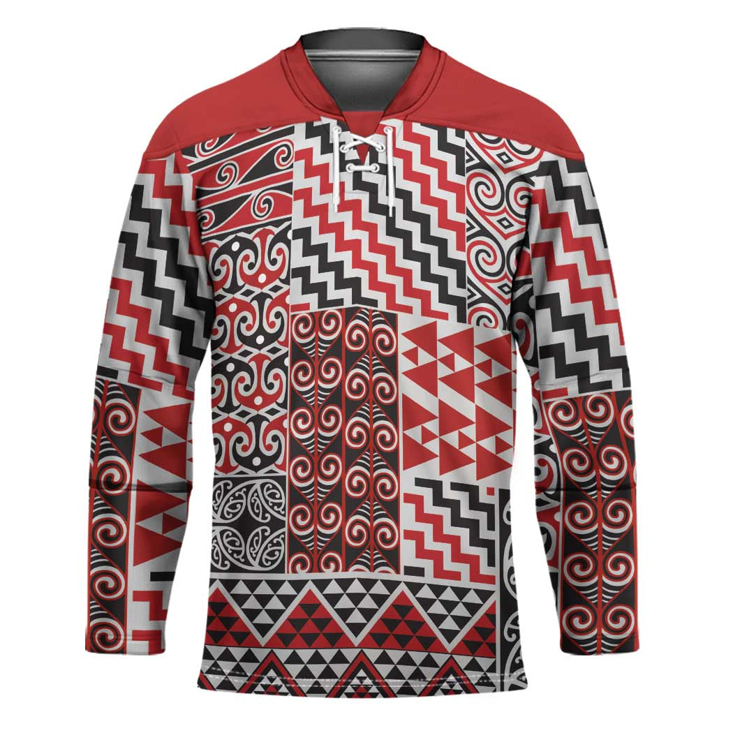 Aotearoa Kowhaiwhai Taniko Patchwork Motifs Hockey Jersey LT9 Unisex Red - Polynesian Pride