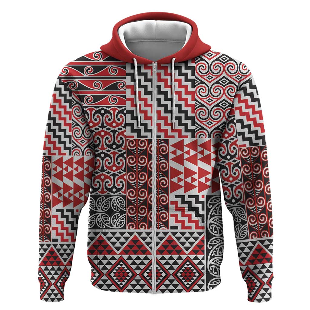 Aotearoa Kowhaiwhai Taniko Patchwork Motifs Hoodie LT9 Zip Hoodie Red - Polynesian Pride