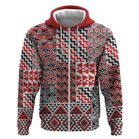 Aotearoa Kowhaiwhai Taniko Patchwork Motifs Hoodie LT9 Zip Hoodie Red - Polynesian Pride