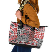 Aotearoa Kowhaiwhai Taniko Patchwork Motifs Leather Tote Bag LT9 Red - Polynesian Pride