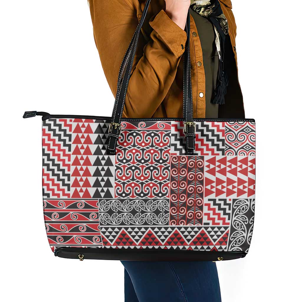 Aotearoa Kowhaiwhai Taniko Patchwork Motifs Leather Tote Bag LT9 - Polynesian Pride