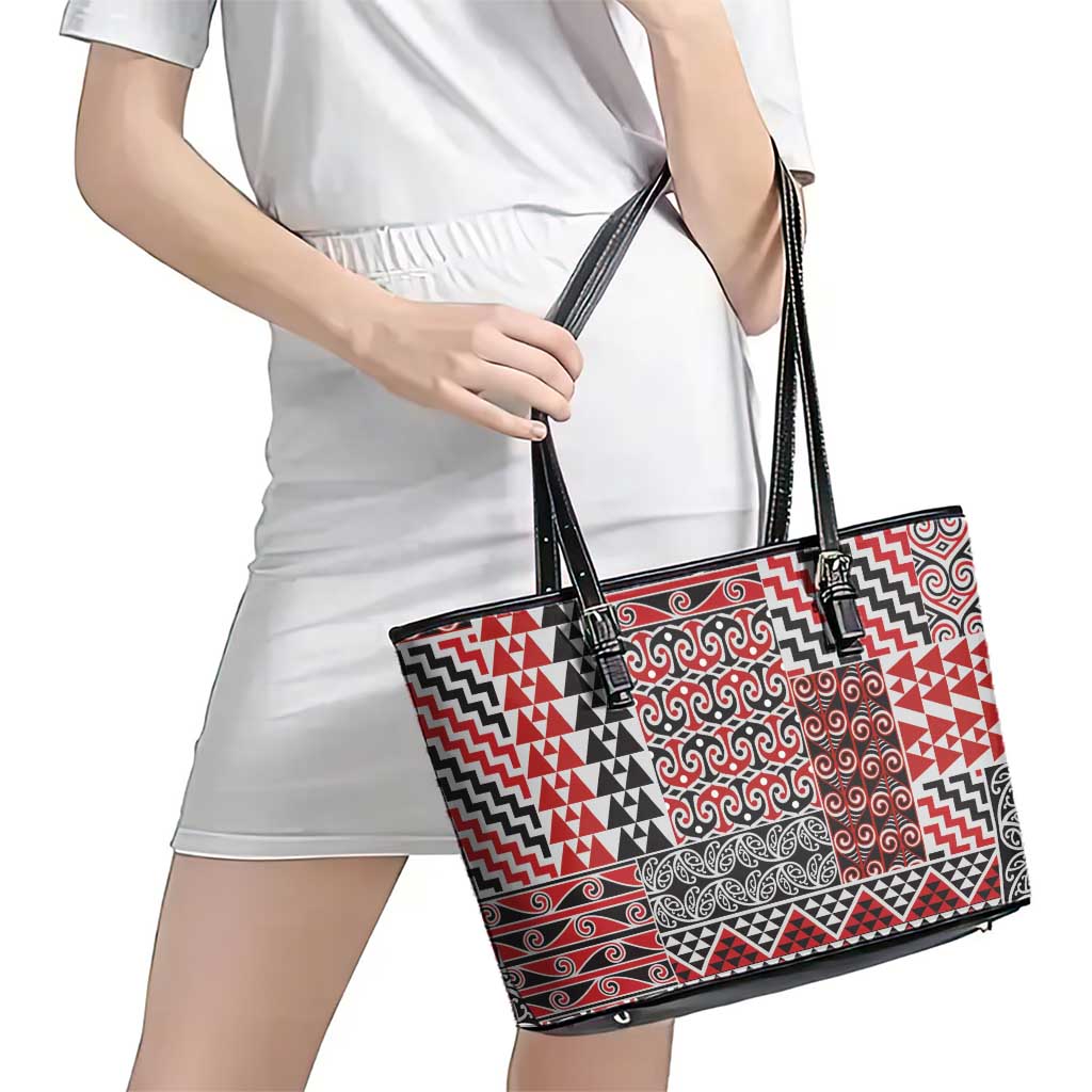 Aotearoa Kowhaiwhai Taniko Patchwork Motifs Leather Tote Bag LT9 - Polynesian Pride