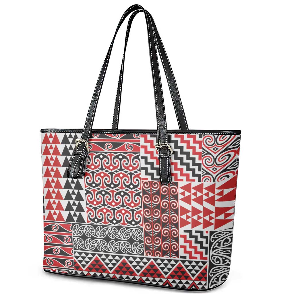 Aotearoa Kowhaiwhai Taniko Patchwork Motifs Leather Tote Bag LT9 - Polynesian Pride