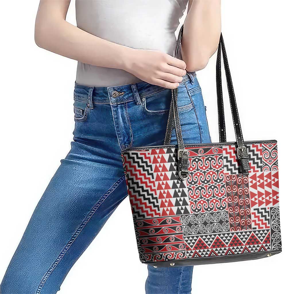 Aotearoa Kowhaiwhai Taniko Patchwork Motifs Leather Tote Bag LT9 - Polynesian Pride