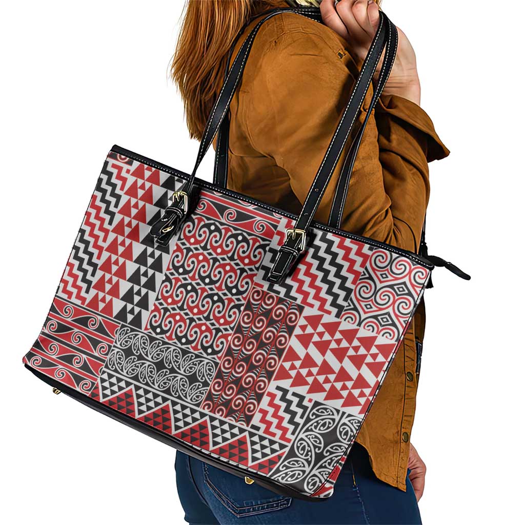 Aotearoa Kowhaiwhai Taniko Patchwork Motifs Leather Tote Bag LT9 - Polynesian Pride