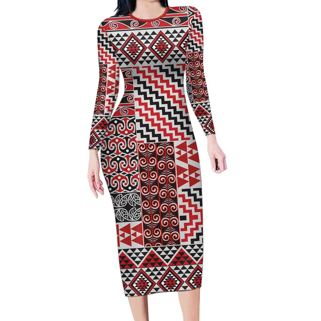 Aotearoa Kowhaiwhai Taniko Patchwork Motifs Long Sleeve Bodycon Dress LT9 Long Dress Red - Polynesian Pride