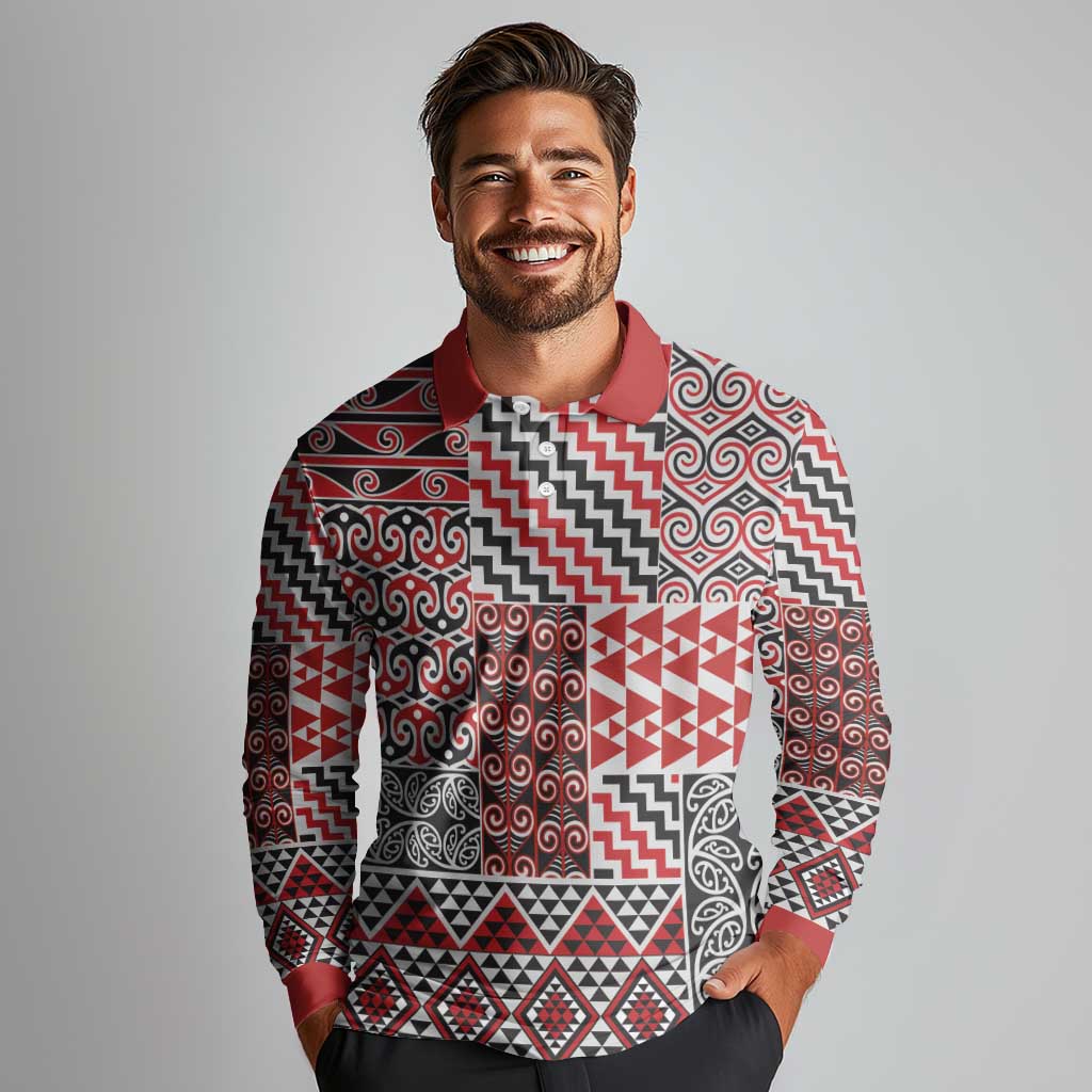 Aotearoa Kowhaiwhai Taniko Patchwork Motifs Long Sleeve Polo Shirt LT9 - Polynesian Pride