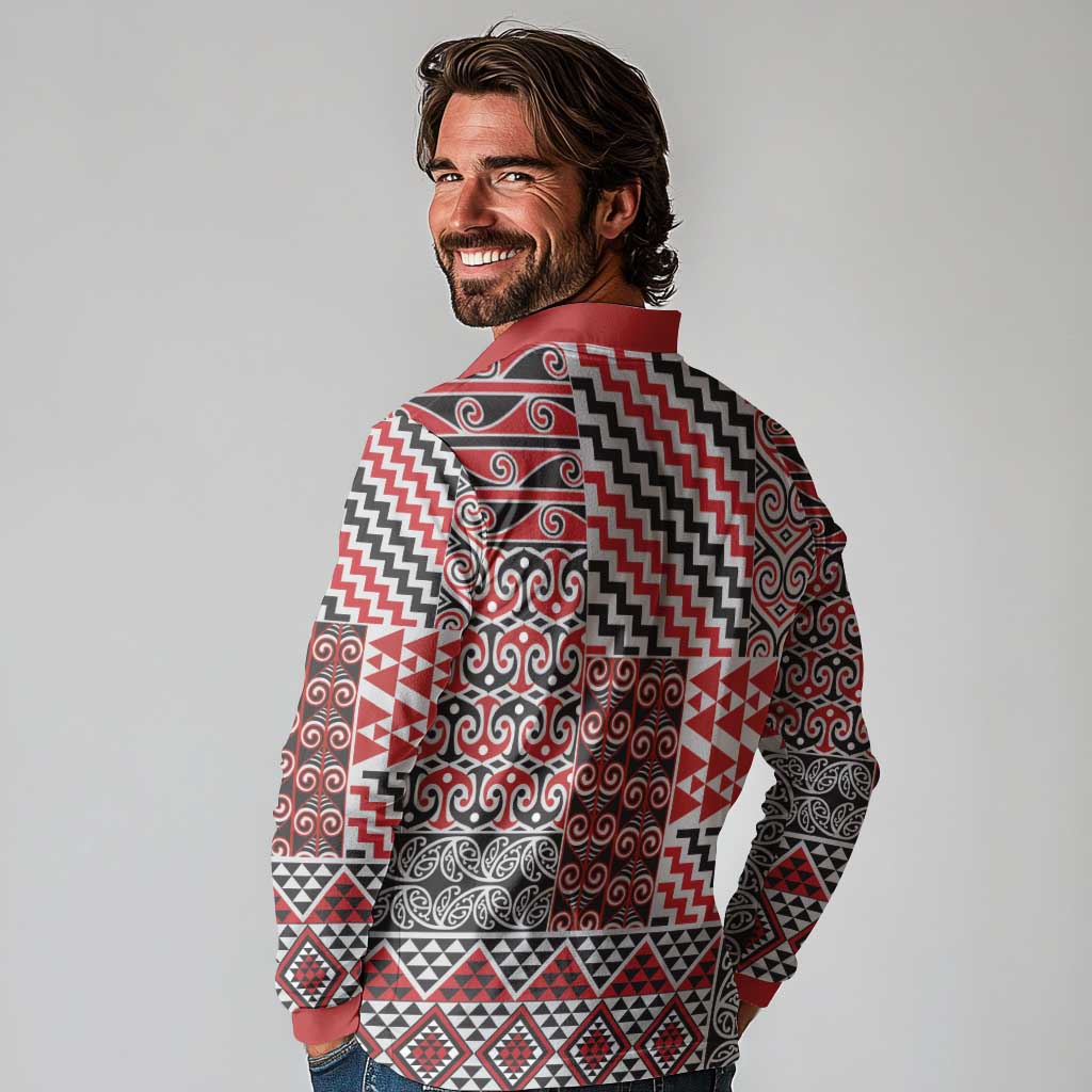 Aotearoa Kowhaiwhai Taniko Patchwork Motifs Long Sleeve Polo Shirt LT9 - Polynesian Pride