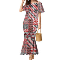 Aotearoa Kowhaiwhai Taniko Patchwork Motifs Mermaid Dress LT9 Women Red - Polynesian Pride