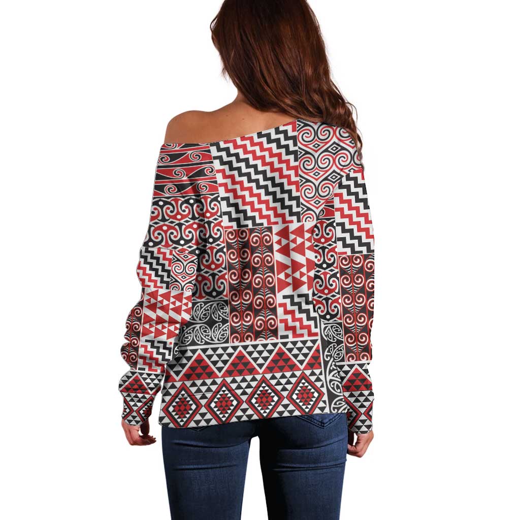 Aotearoa Kowhaiwhai Taniko Patchwork Motifs Off Shoulder Sweater LT9 - Polynesian Pride