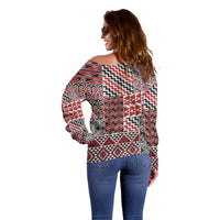 Aotearoa Kowhaiwhai Taniko Patchwork Motifs Off Shoulder Sweater LT9 - Polynesian Pride