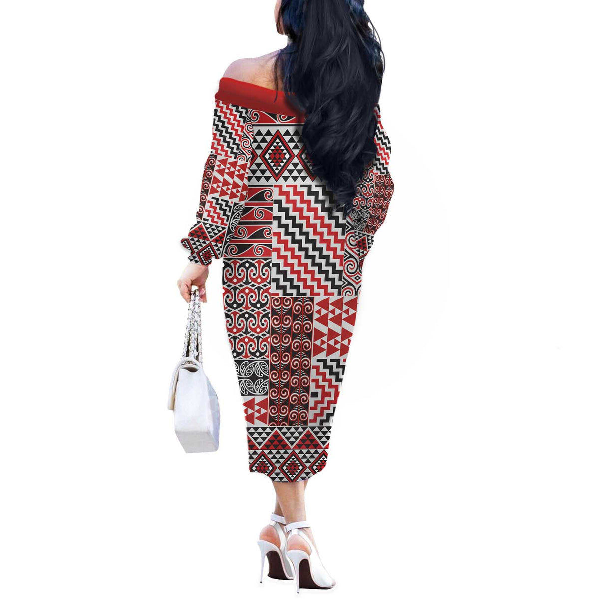 Aotearoa Kowhaiwhai Taniko Patchwork Motifs Off The Shoulder Long Sleeve Dress LT9 - Polynesian Pride