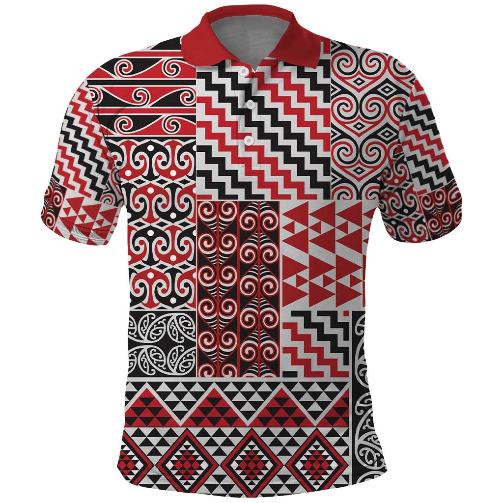 Aotearoa Kowhaiwhai Taniko Patchwork Motifs Polo Shirt LT9 Red - Polynesian Pride