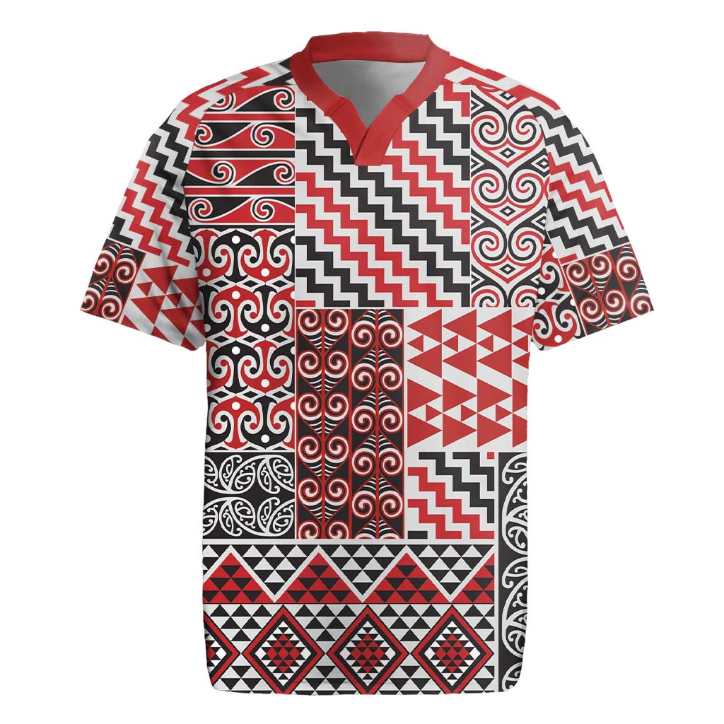 Aotearoa Kowhaiwhai Taniko Patchwork Motifs Rugby Jersey LT9 Red - Polynesian Pride
