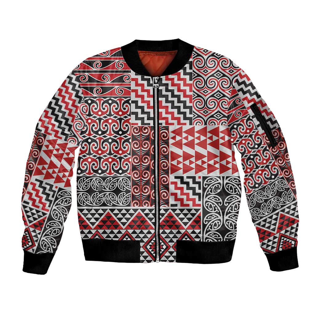 Aotearoa Kowhaiwhai Taniko Patchwork Motifs Sleeve Zip Bomber Jacket LT9 Unisex Red - Polynesian Pride