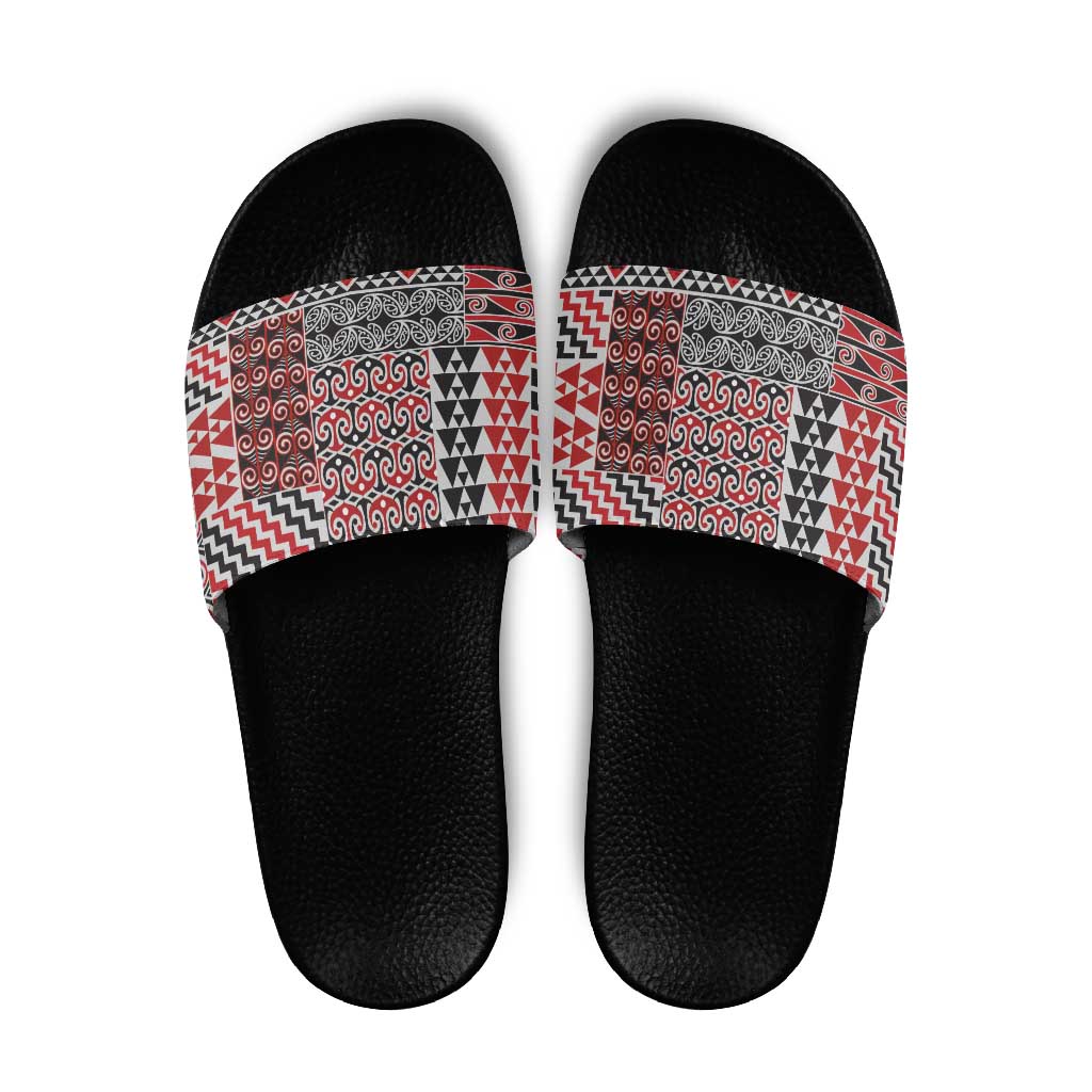 Aotearoa Kowhaiwhai Taniko Patchwork Motifs Slide Sandals LT9 Red - Polynesian Pride