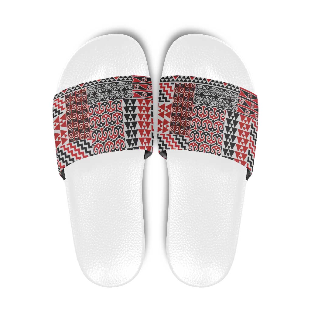 Aotearoa Kowhaiwhai Taniko Patchwork Motifs Slide Sandals LT9 Red - Polynesian Pride