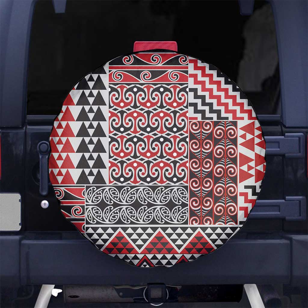 Aotearoa Kowhaiwhai Taniko Patchwork Motifs Spare Tire Cover LT9 No hole Red - Polynesian Pride