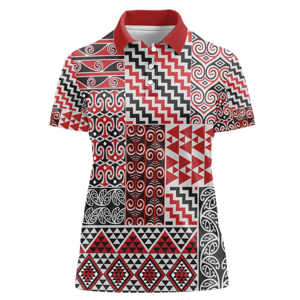 Aotearoa Kowhaiwhai Taniko Patchwork Motifs Women Polo Shirt LT9 Female Red - Polynesian Pride