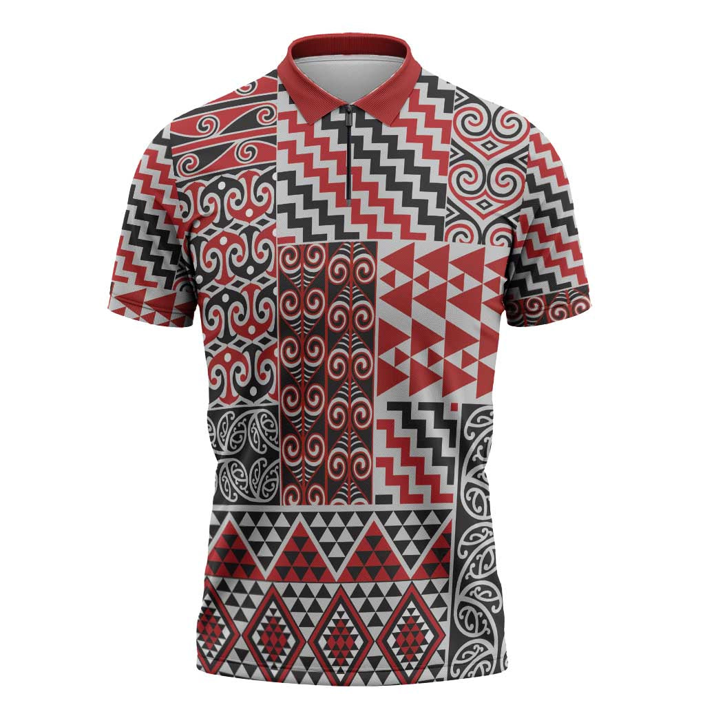 Aotearoa Kowhaiwhai Taniko Patchwork Motifs Zipper Polo Shirt LT9 Red - Polynesian Pride