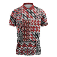 Aotearoa Kowhaiwhai Taniko Patchwork Motifs Zipper Polo Shirt LT9 Red - Polynesian Pride