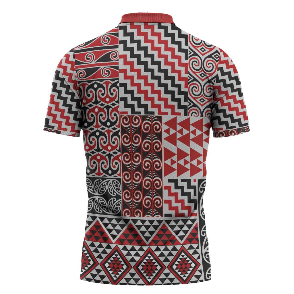 Aotearoa Kowhaiwhai Taniko Patchwork Motifs Zipper Polo Shirt LT9 - Polynesian Pride