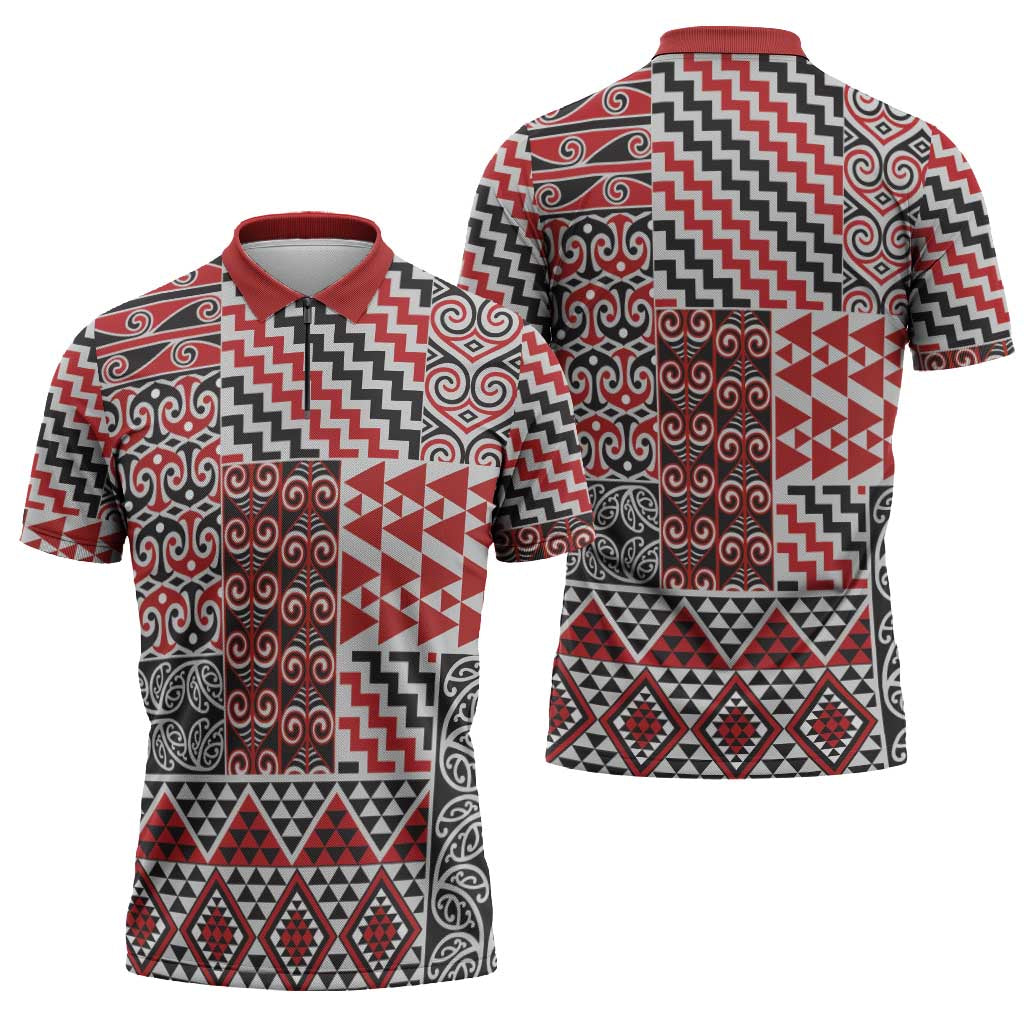 Aotearoa Kowhaiwhai Taniko Patchwork Motifs Zipper Polo Shirt LT9 - Polynesian Pride