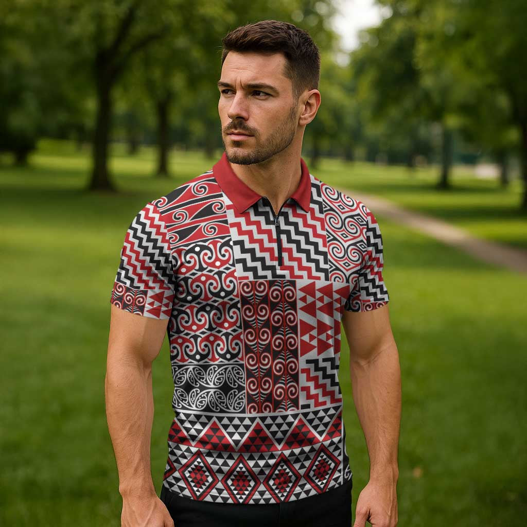 Aotearoa Kowhaiwhai Taniko Patchwork Motifs Zipper Polo Shirt LT9 - Polynesian Pride