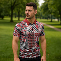 Aotearoa Kowhaiwhai Taniko Patchwork Motifs Zipper Polo Shirt LT9 - Polynesian Pride