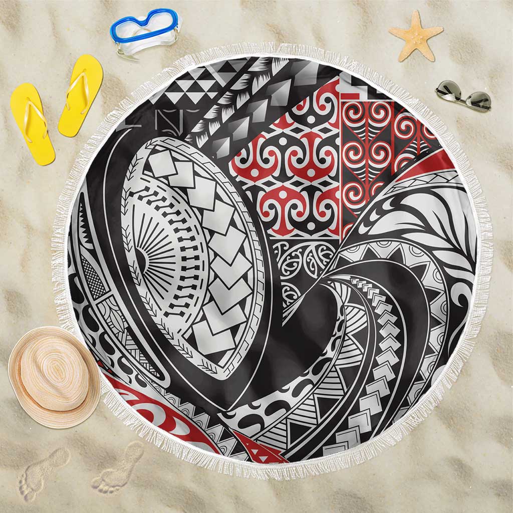 Aotearoa Maori Rugby Tribal Tattoo Beach Blanket Kowhaiwhai Taniko Patchwork Motifs LT9 One Size 150cm Red - Polynesian Pride