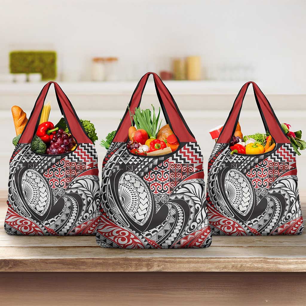 Aotearoa Maori Rugby Tribal Tattoo Grocery Bag Kowhaiwhai Taniko Patchwork Motifs LT9 3-pack One Size Red - Polynesian Pride
