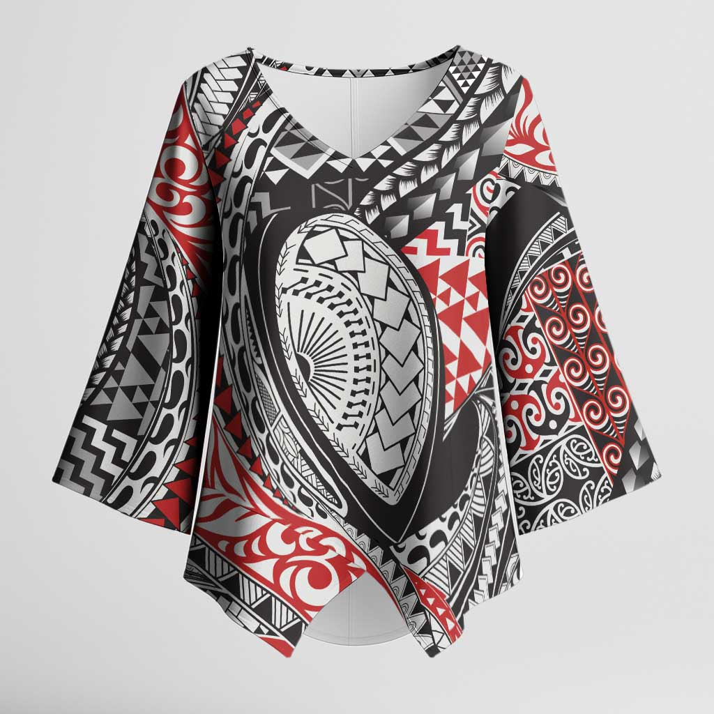 Aotearoa Maori Rugby Tribal Tattoo Kimono Sleeve Blouse Kowhaiwhai Taniko Patchwork Motifs LT9 Female Red - Polynesian Pride